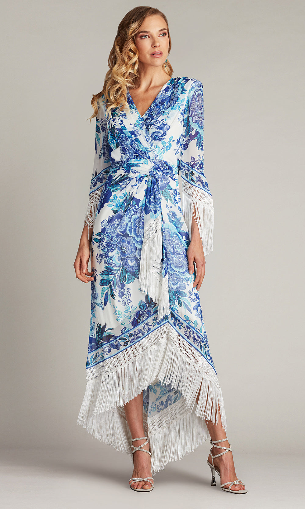 Tadashi Shoji CHZ25450MD - V-Neck Mair Floral Print Tassel Fringe Wrap Dress