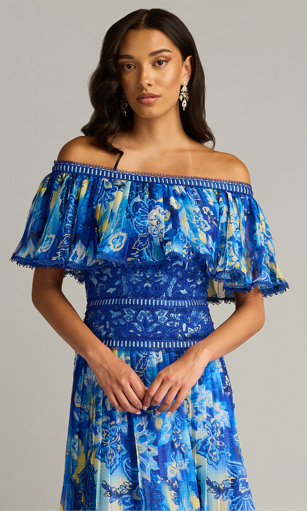 Tadashi Shoji CHP25187MD - Off Shoulder Amary Floral Pleated Chiffon Midi Dress