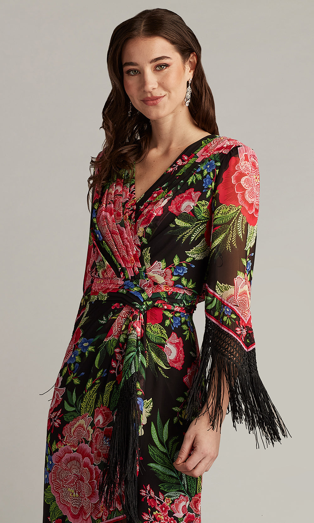 Tadashi Shoji CHZ25450MD - V-Neck Mair Floral Print Tassel Fringe Wrap Dress