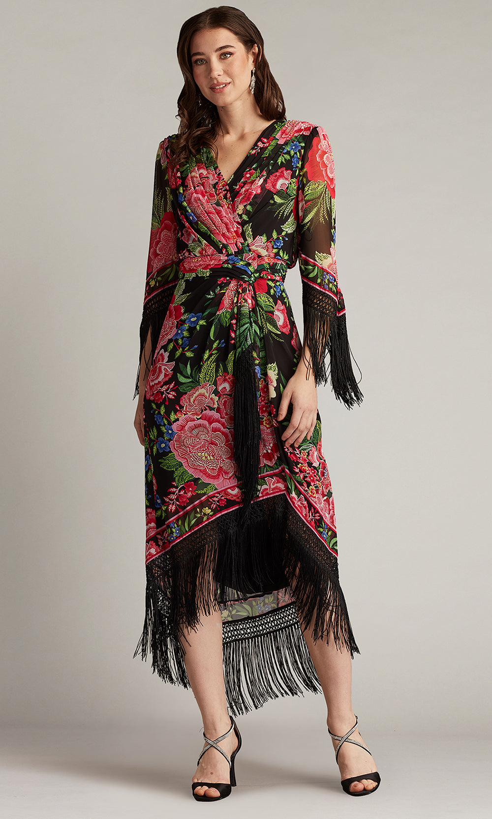 Tadashi Shoji CHZ25450MD - V-Neck Mair Floral Print Tassel Fringe Wrap Dress