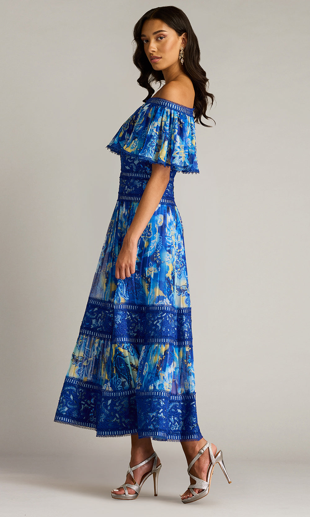 Tadashi Shoji CHP25187MD - Off Shoulder Amary Floral Pleated Chiffon Midi Dress