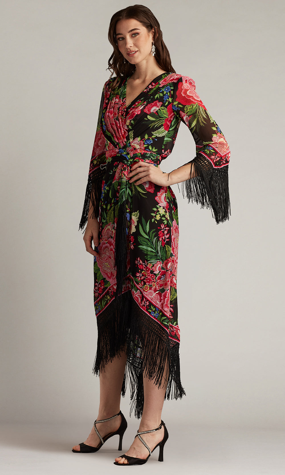 Tadashi Shoji CHZ25450MD - V-Neck Mair Floral Print Tassel Fringe Wrap Dress