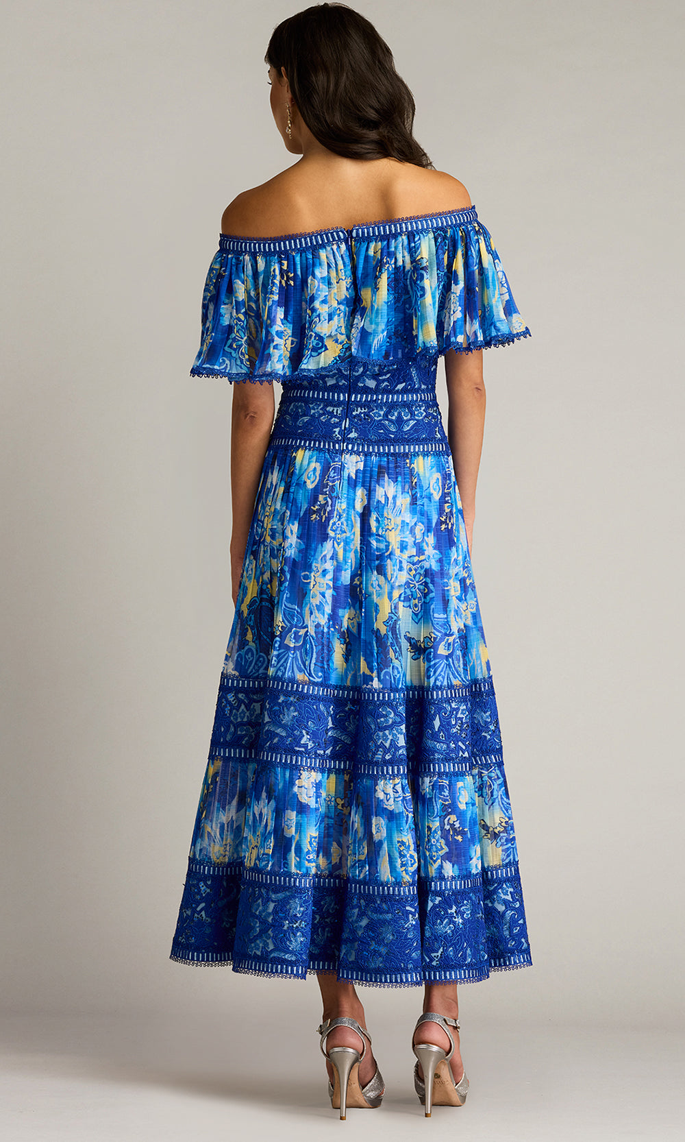 Tadashi Shoji CHP25187MD - Off Shoulder Amary Floral Pleated Chiffon Midi Dress