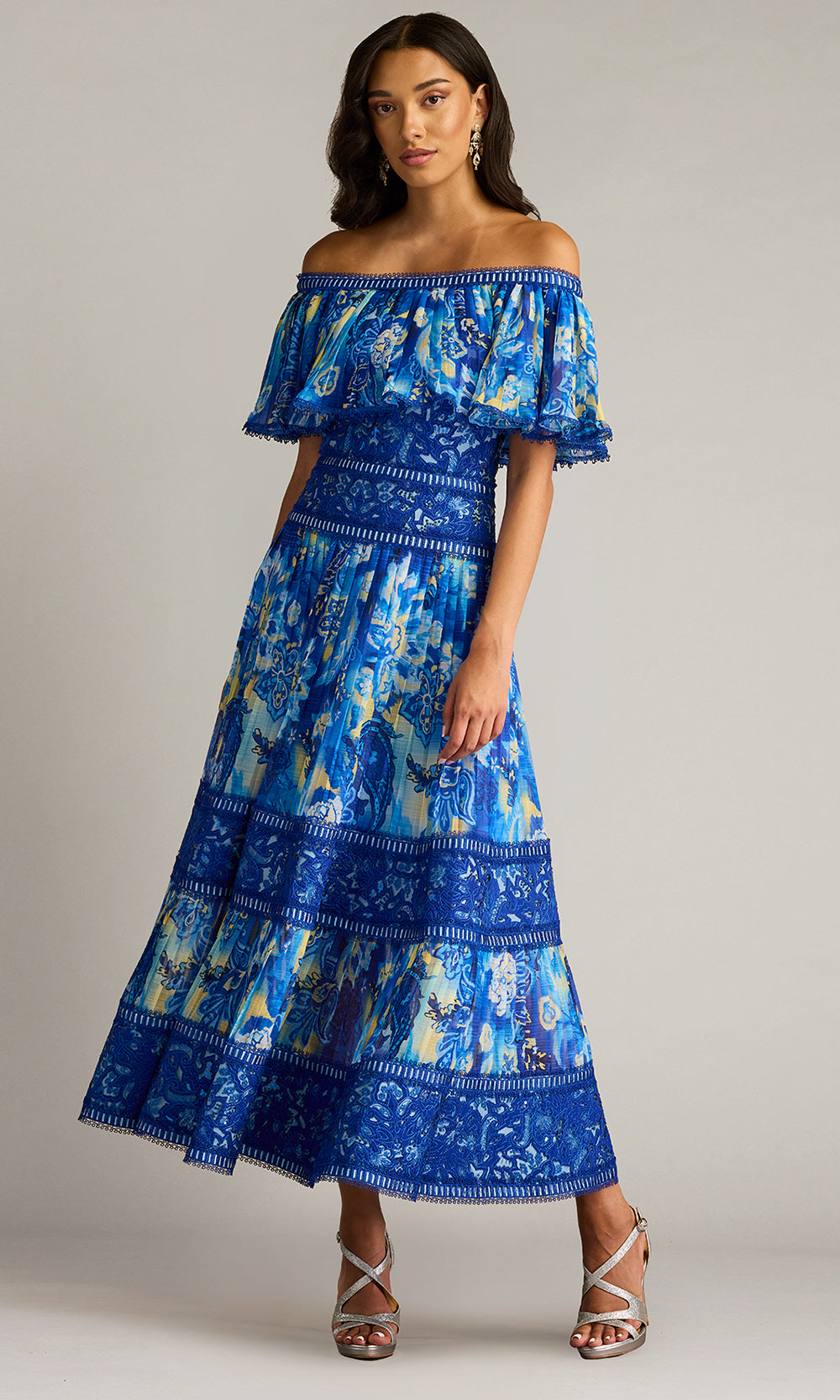 Tadashi Shoji CHP25187MD - Off Shoulder Amary Floral Pleated Chiffon Midi Dress