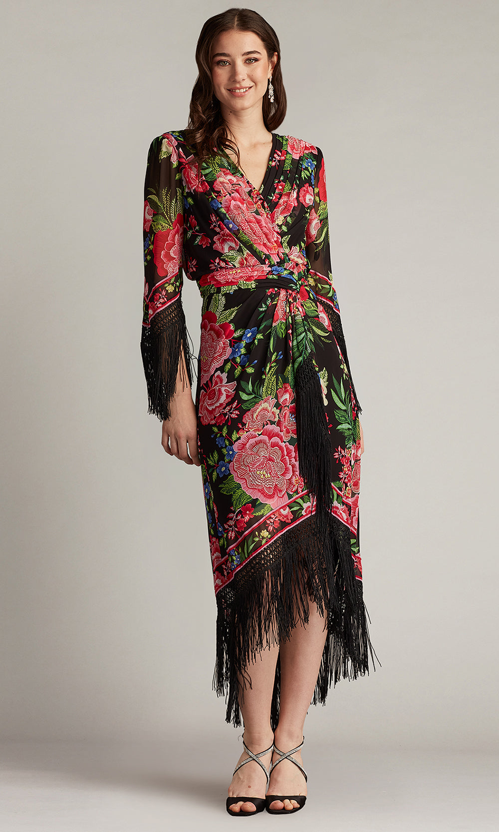 Tadashi Shoji CHZ25450MD - V-Neck Mair Floral Print Tassel Fringe Wrap Dress