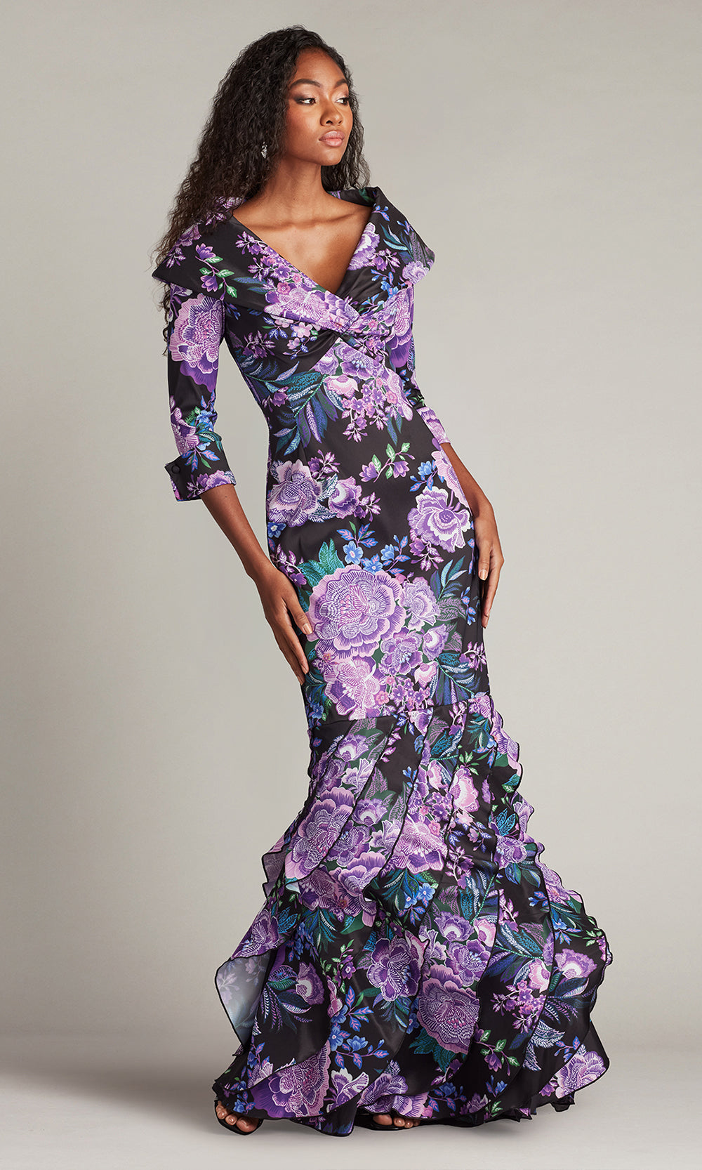 Tadashi Shoji CII25479L - Blythe Floral Portrait Collar Evening Gown