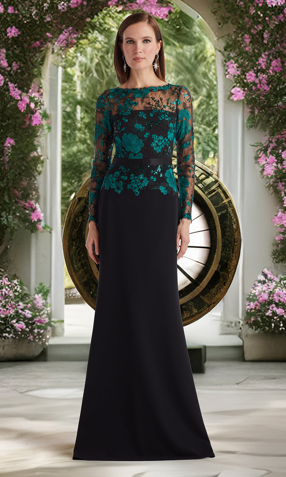 Tadashi Shoji CGU25804L - Beacon Belted Embroidered Illusion Sheath Gown