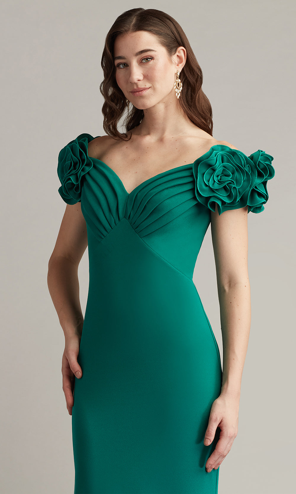 Tadashi Shoji BOS25502L - Off Shoulder Avenne Rosette-Embellished Gown