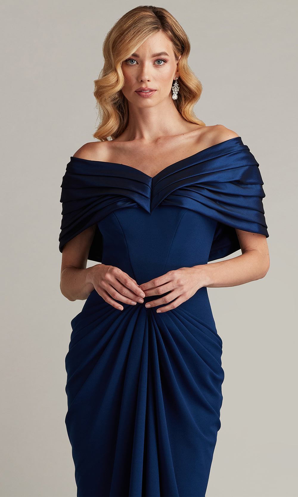 Tadashi Shoji BOS25800L - Seraphine Pleated Portrait Collar Sheath Gown