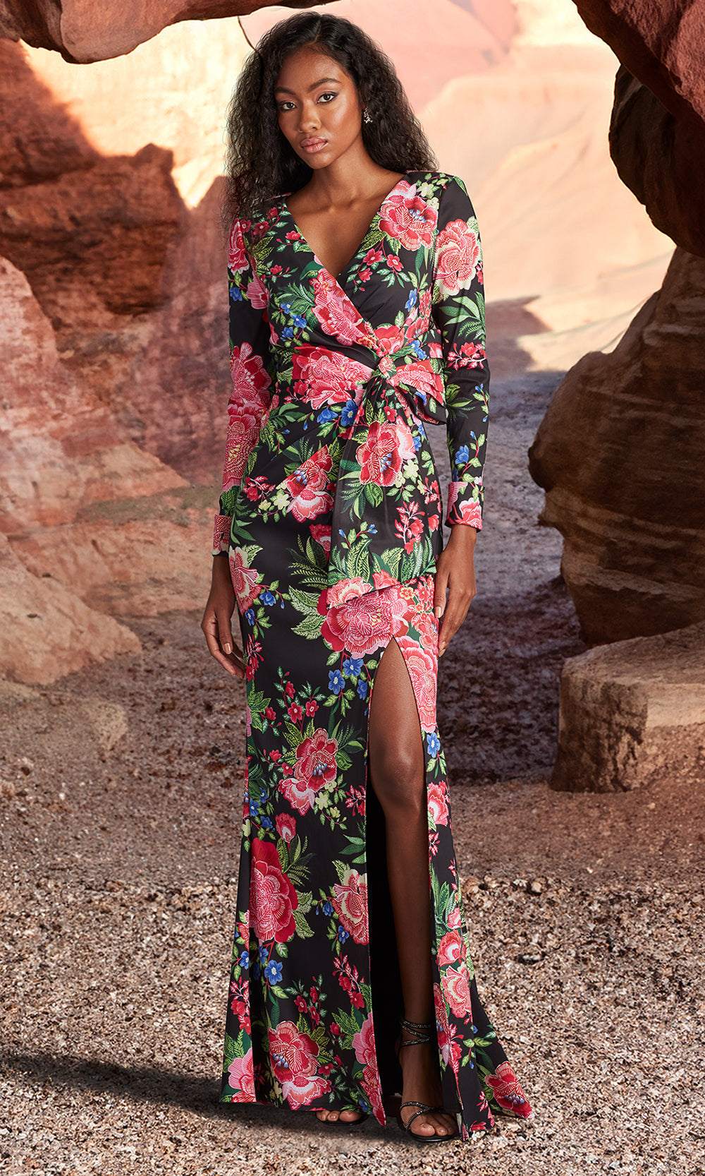 Tadashi Shoji CII24469L - Talvo Floral Print Wrap Gown with Slit