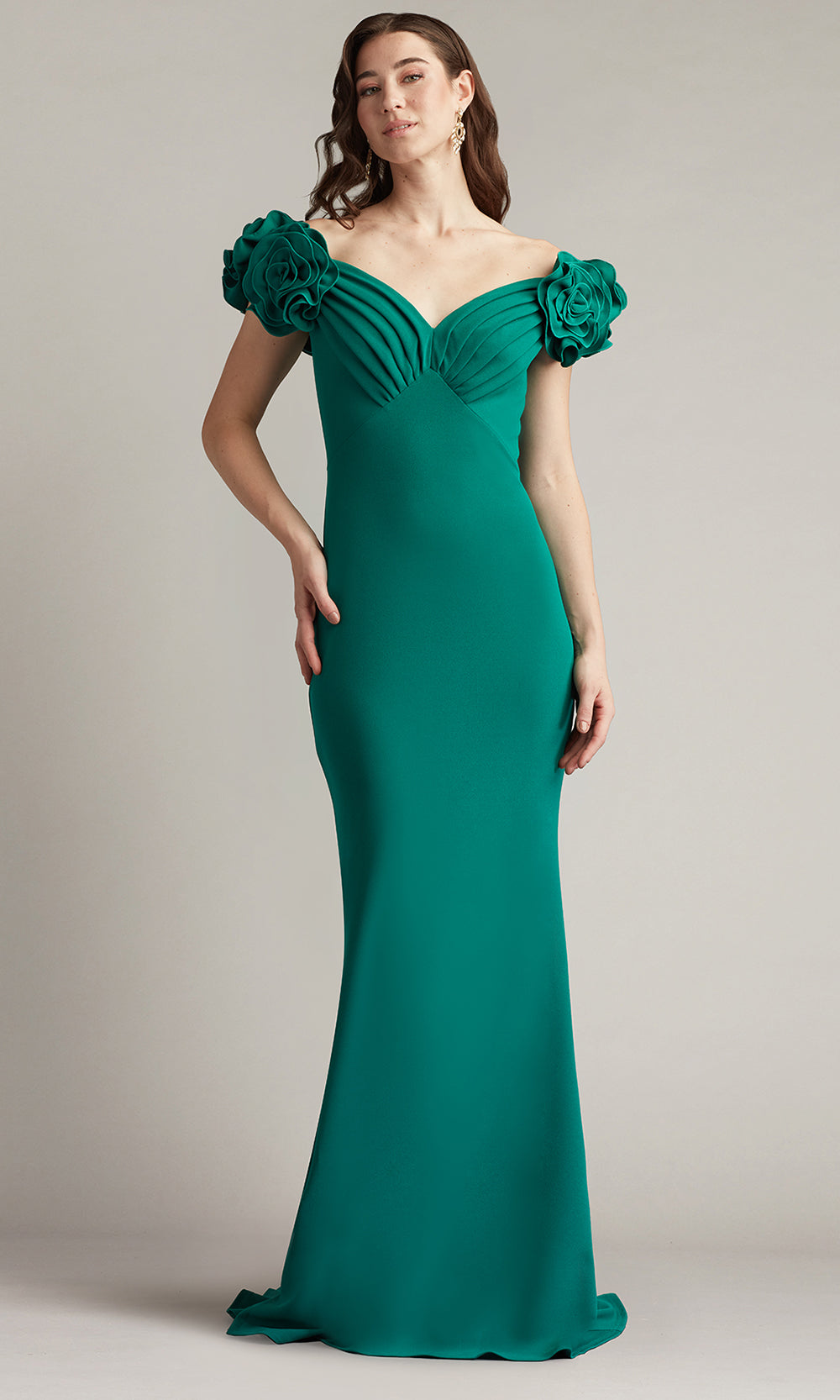 Tadashi Shoji BOS25502L - Off Shoulder Avenne Rosette-Embellished Gown