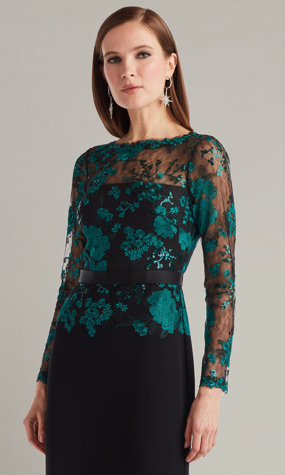Tadashi Shoji CGU25804L - Beacon Belted Embroidered Illusion Sheath Gown