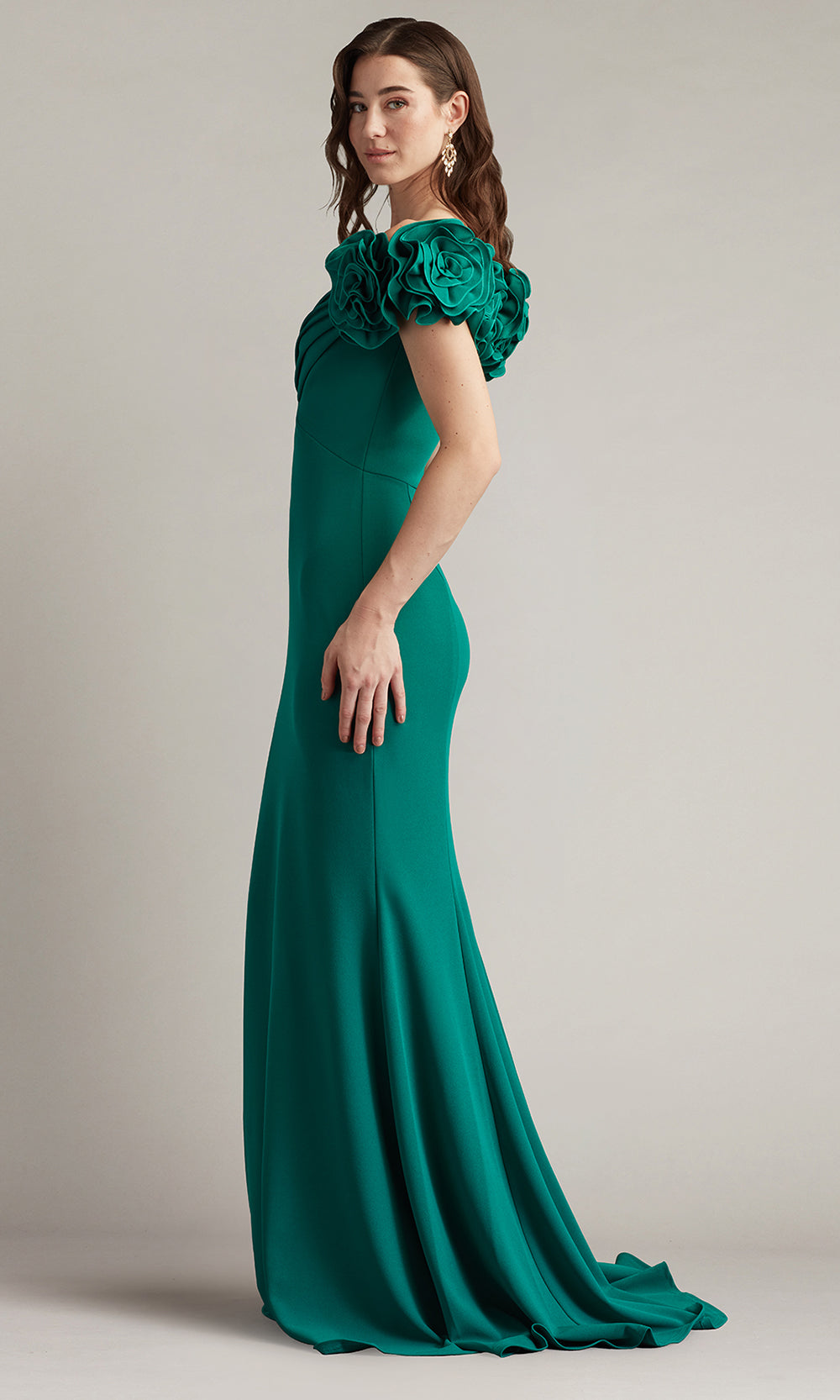 Tadashi Shoji BOS25502L - Off Shoulder Avenne Rosette-Embellished Gown
