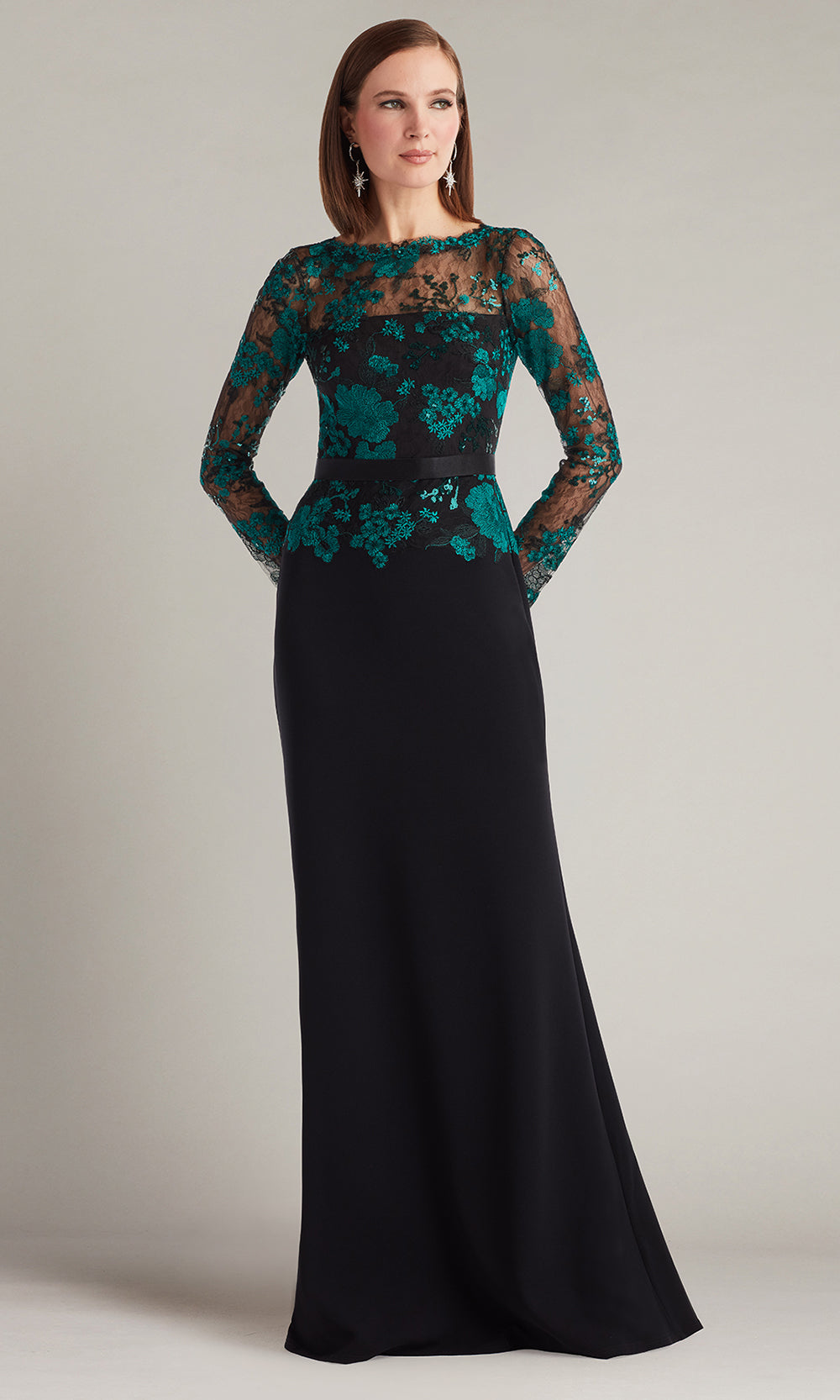 Tadashi Shoji CGU25804L - Beacon Belted Embroidered Illusion Sheath Gown