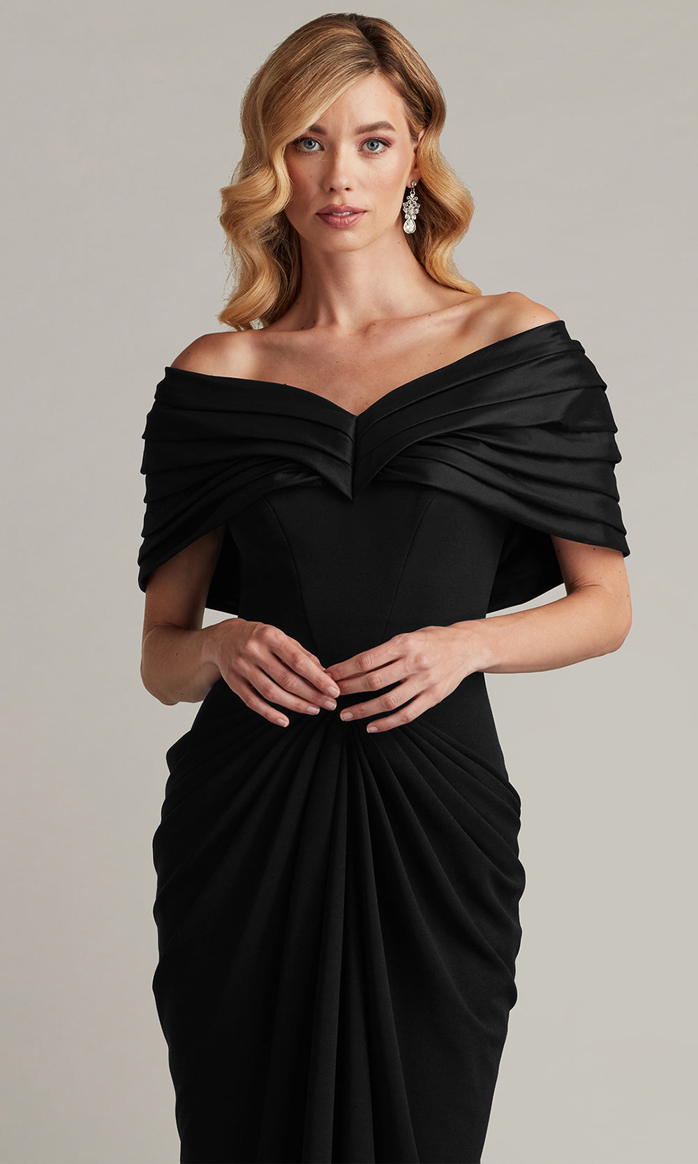 Tadashi Shoji BOS25800L - Seraphine Pleated Portrait Collar Sheath Gown