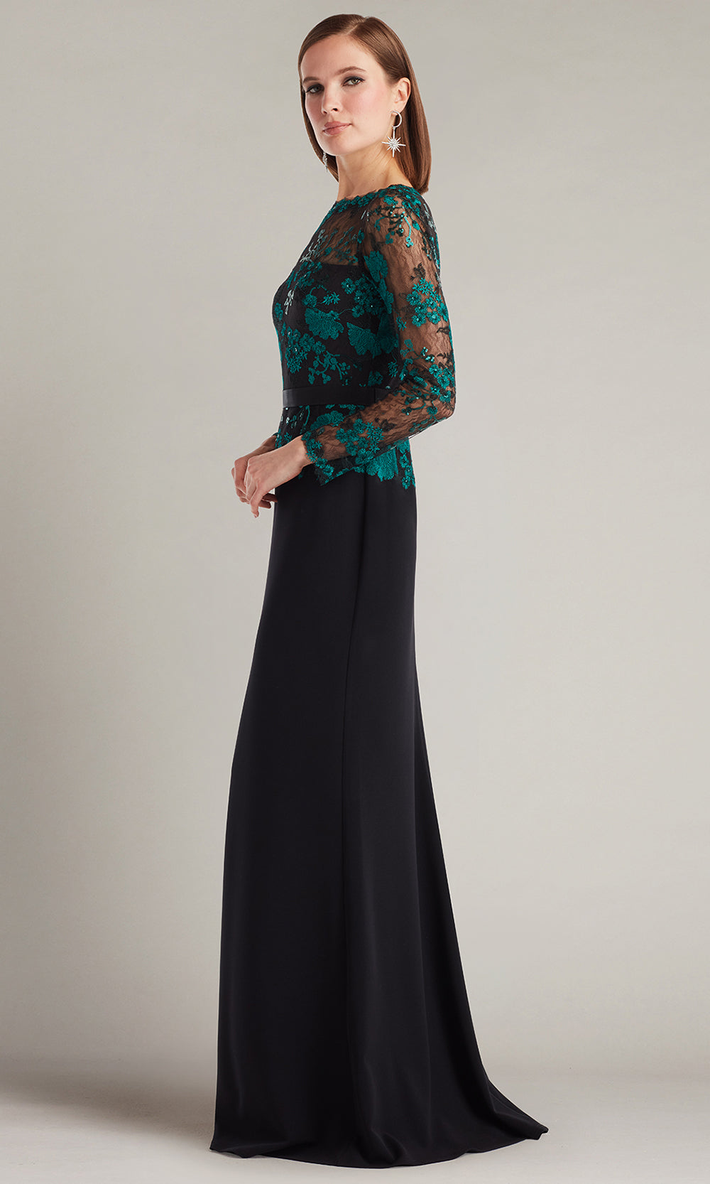Tadashi Shoji CGU25804L - Beacon Belted Embroidered Illusion Sheath Gown