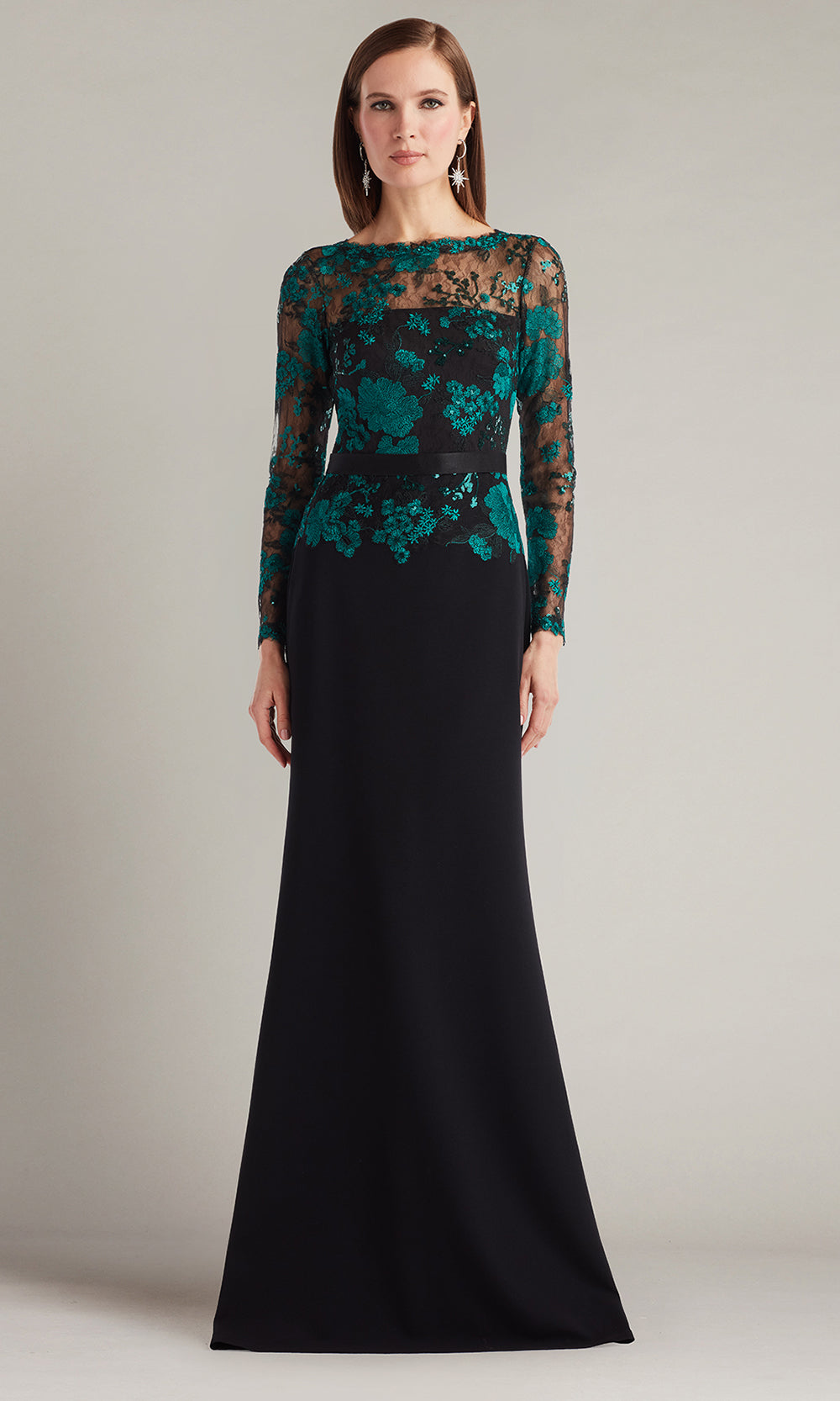 Tadashi Shoji CGU25804L - Beacon Belted Embroidered Illusion Sheath Gown