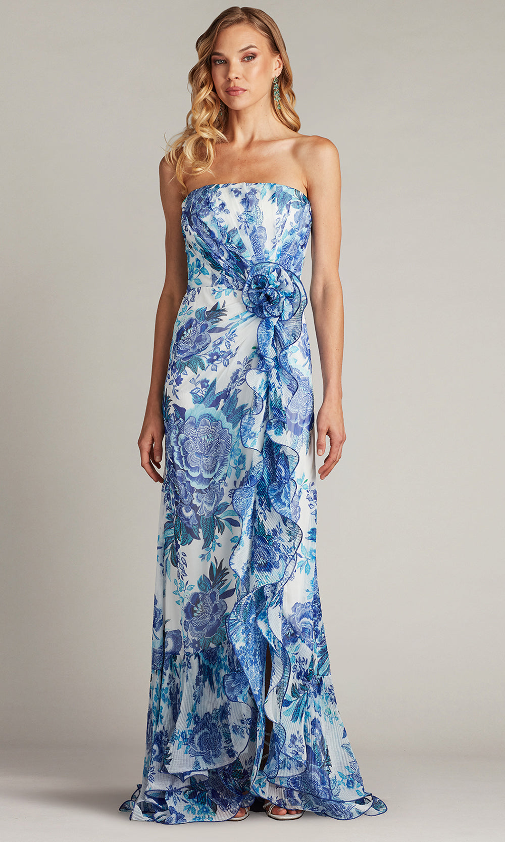 Tadashi Shoji CHW24386L - Strapless Morwenna Floral Print Ruffle Gown