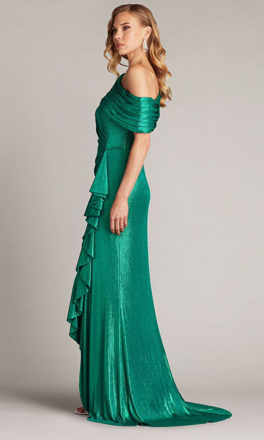 Tadashi Shoji BSJ25441L - Boise Metallic Waterfall Flounce Asymmetric Gown