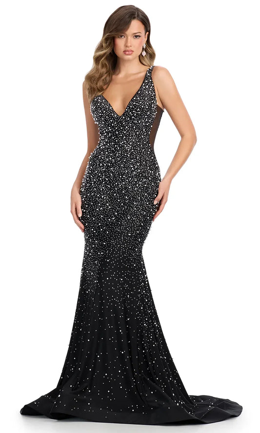 Ashley Lauren 12030 - V-Neck Pearl Beaded Jersey Gown