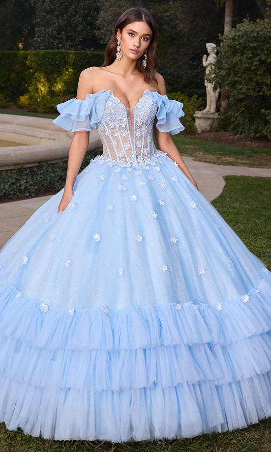 Ashley Lauren 30118 - 3D Flowers Ruffled Off Shoulder Ballgown