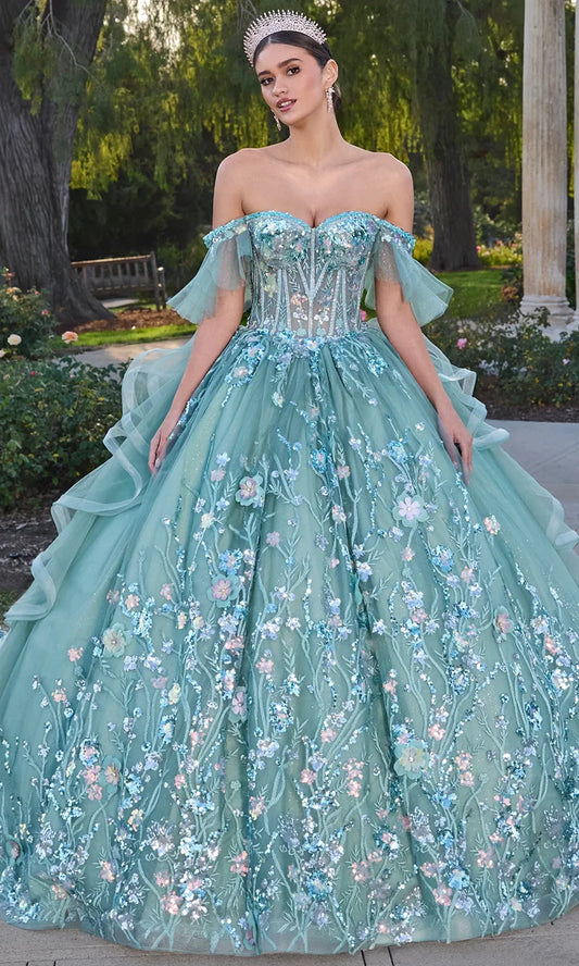 Ashley Lauren 30120 - Off Shoulder Floral Appliqued Ruffle Gown