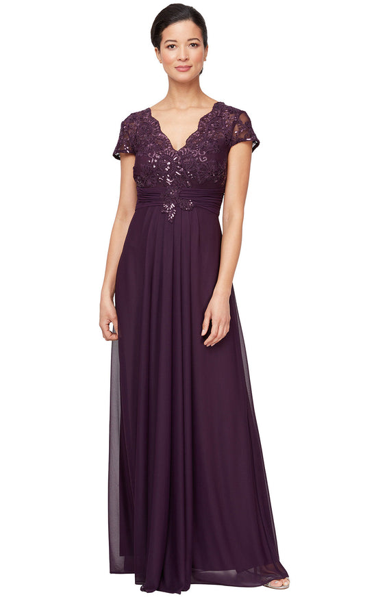 Alex Evenings 81171561 - Short Sleeve Pleated Waist Long Gown