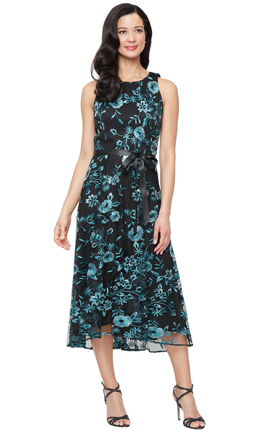 Alex Evenings 81171839 - Embroidered Tea-Length Dress with Tie Waist