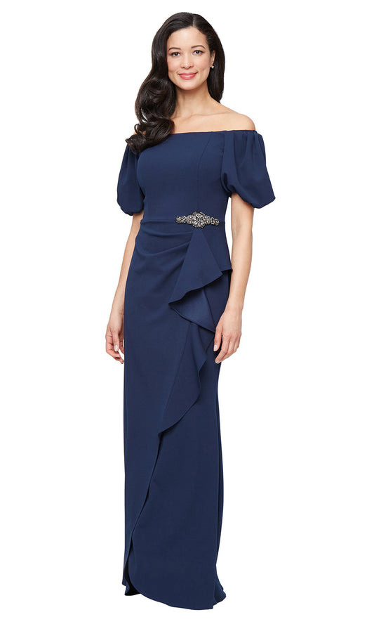 Alex Evenings 8160532 - Off Shoulder Crepe Gown with Ruffle Detail