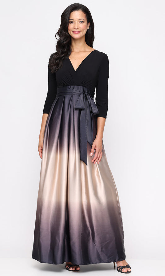 S.L. Fashions 9151145 - Pleated Ombre Skirt V-Neckline Gown