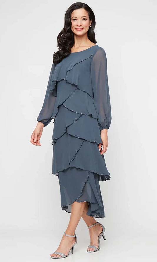 S.L. Fashions 9470731 - Long Sleeve Scoop Neckline Tiered Dress