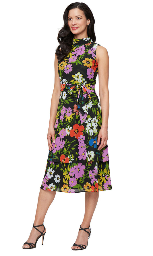 S.L. Fashions 9172140 - High Neck Floral Dress with Tie Waist