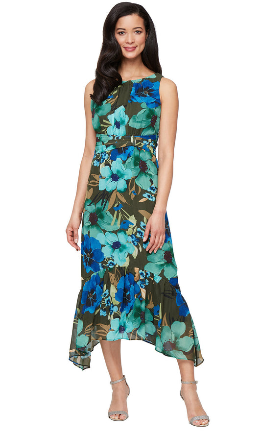 S.L. Fashions 9172142 - Floral Print Scoop Tea-Length Dress