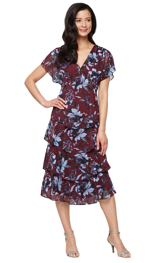 S.L. Fashions 9172147 - Tea-Length Surplice V-Neck Floral Dress