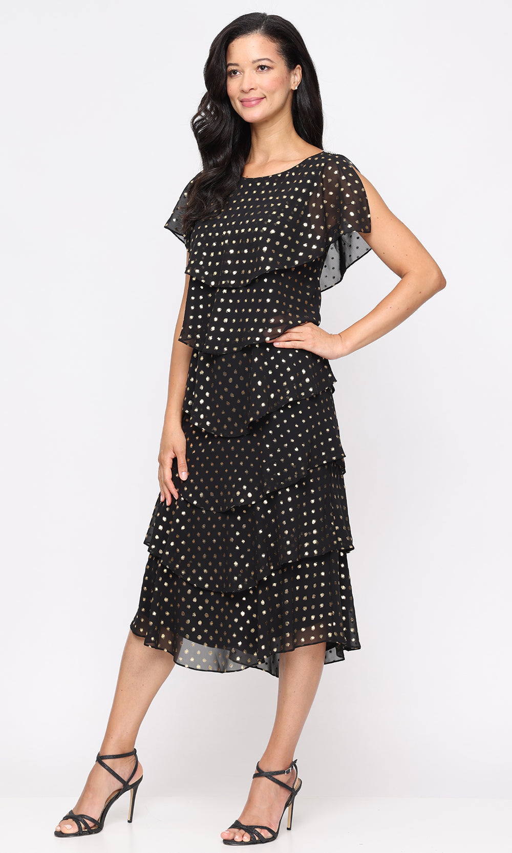 S.L. Fashions 9179501 - Tiered A-line Dress with Polka Dot Detail