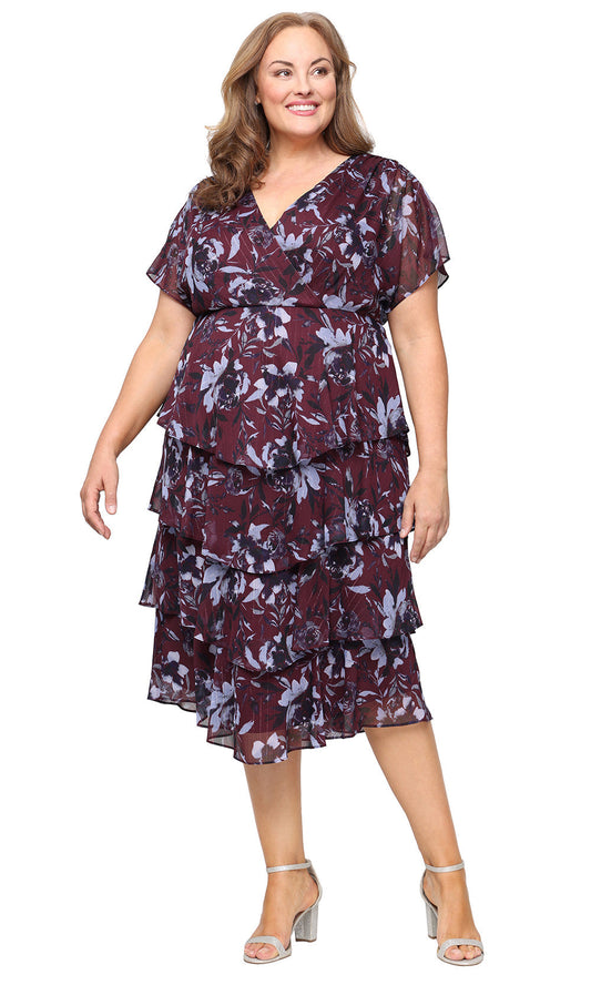 S.L. Fashions 9472147 - Floral Print Surplice V-Neck Tiered Dress