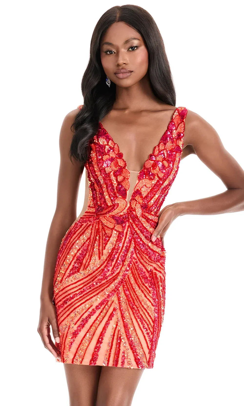 Ashley Lauren 4893 - Open Back Geometric Beaded Cocktail Dress