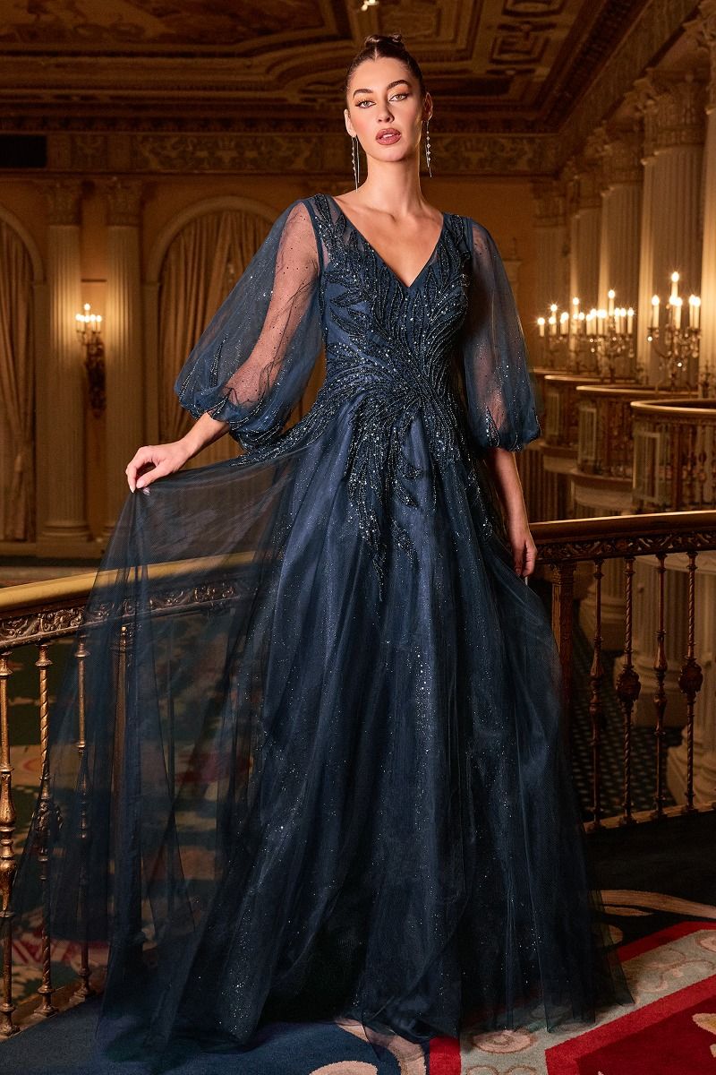 Ladivine CD0101 - V-Neck Sheer Sleeve Evening Gown