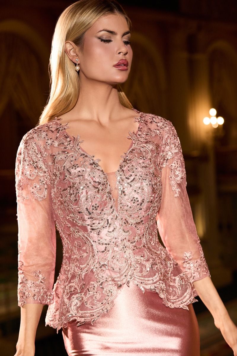 Ladivine CD720 - Lace Appliqued Satin Mermaid Gown