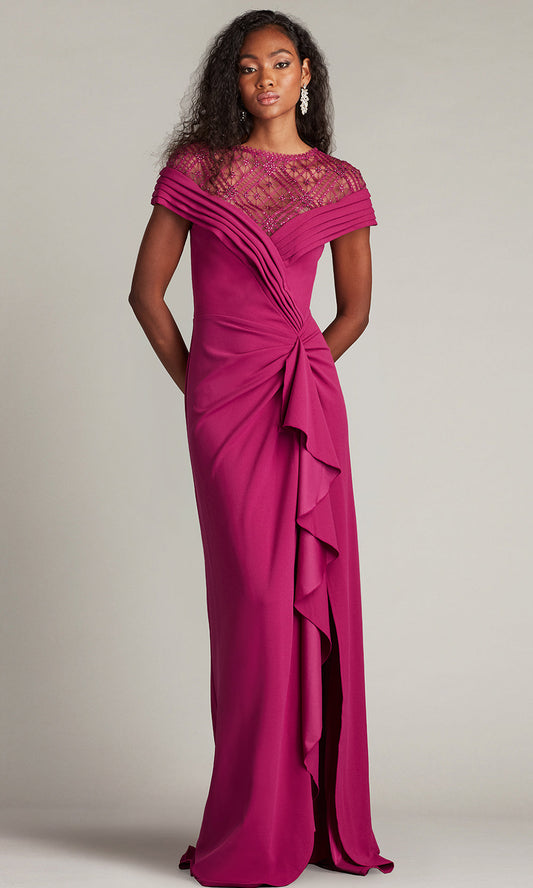 Tadashi Shoji CHR25375LB - Short Sleeve Yura Waterfall Flounce Gown