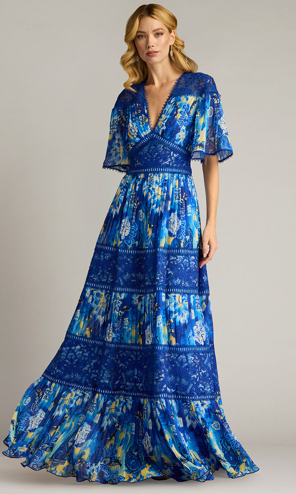 Tadashi Shoji CHQ25199L - Flutter Sleeve Cyra Floral Pleated Chiffon Gown