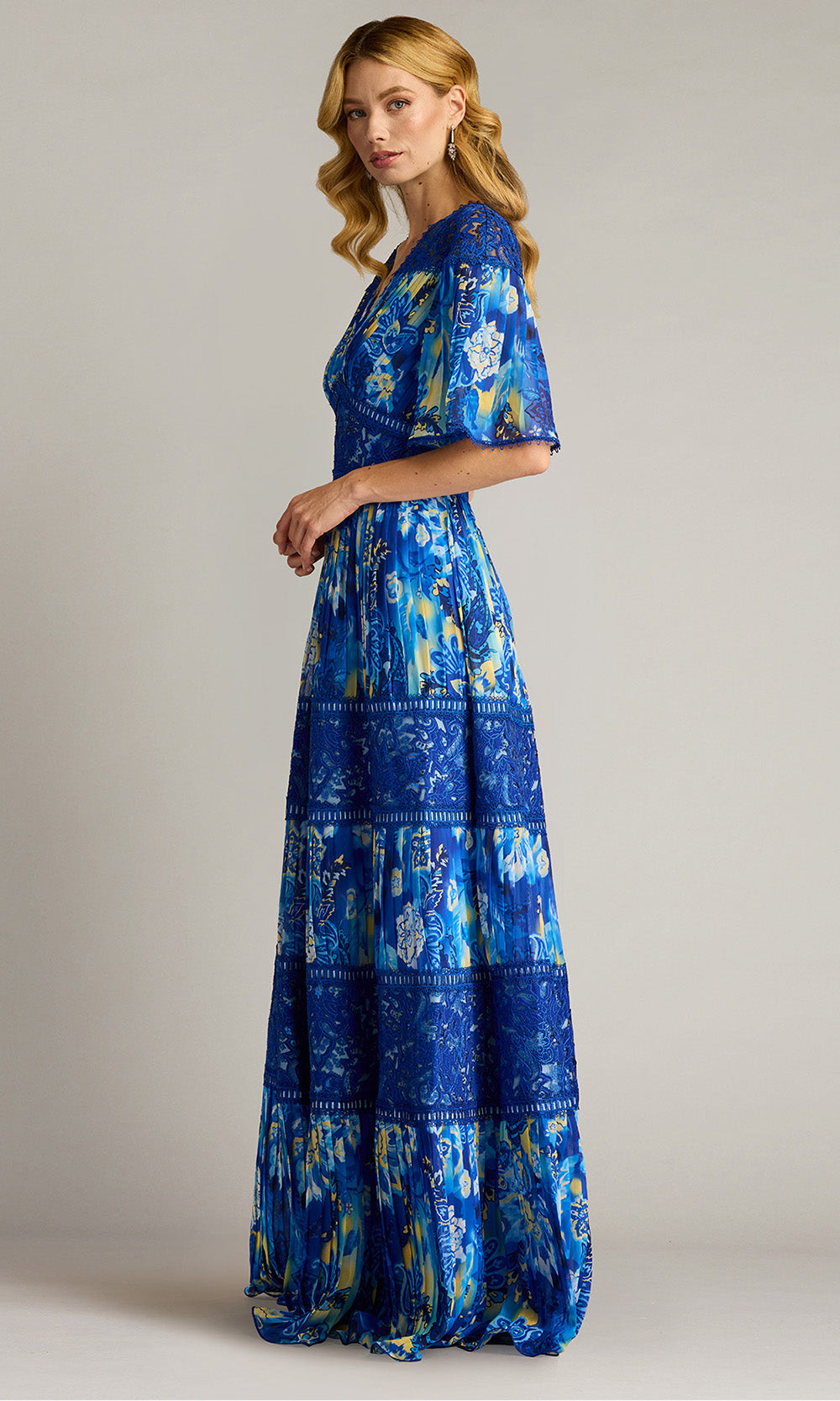 Tadashi Shoji CHQ25199L - Flutter Sleeve Cyra Floral Pleated Chiffon Gown