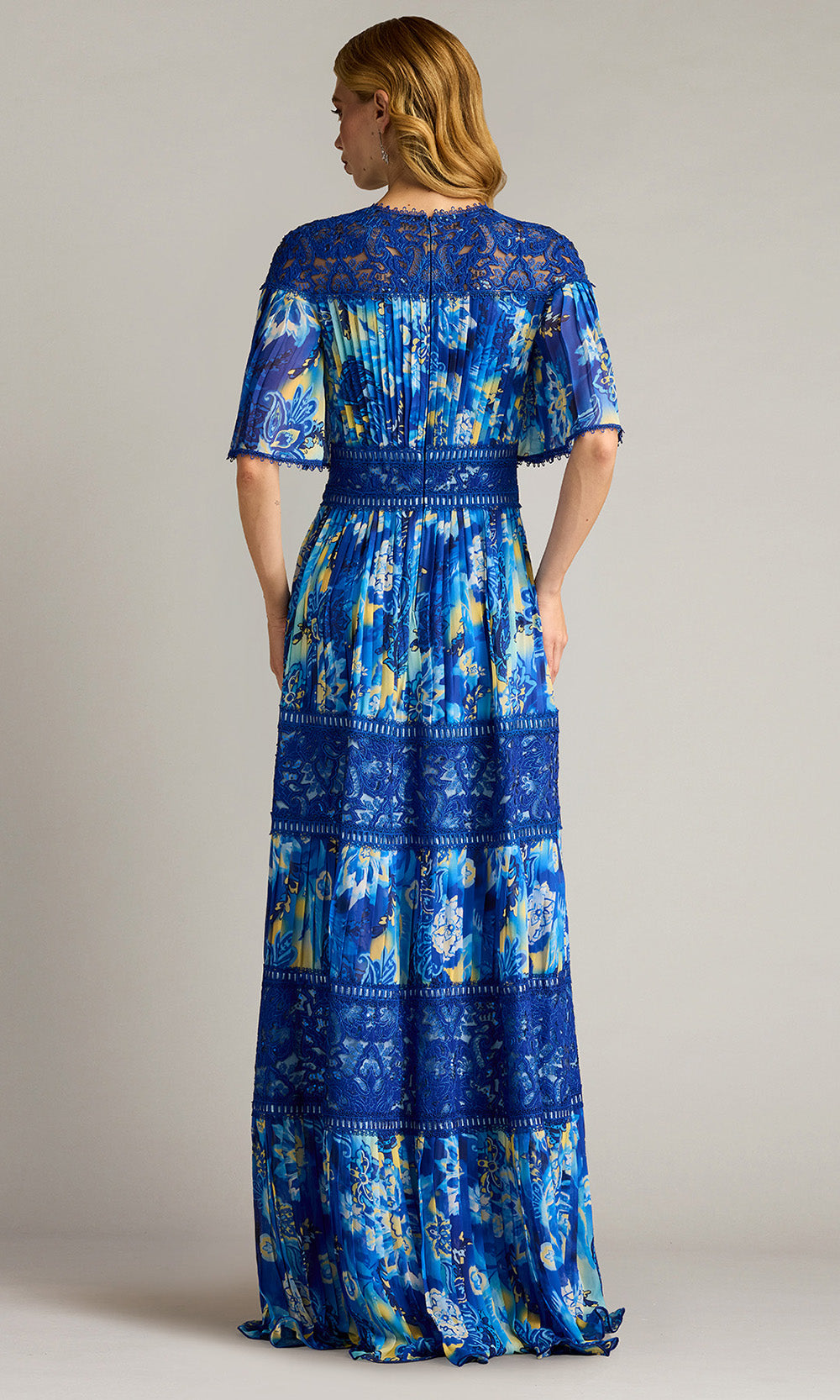 Tadashi Shoji CHQ25199L - Flutter Sleeve Cyra Floral Pleated Chiffon Gown