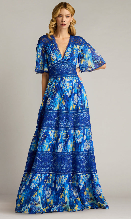 Tadashi Shoji CHQ25199L - Flutter Sleeve Cyra Floral Pleated Chiffon Gown