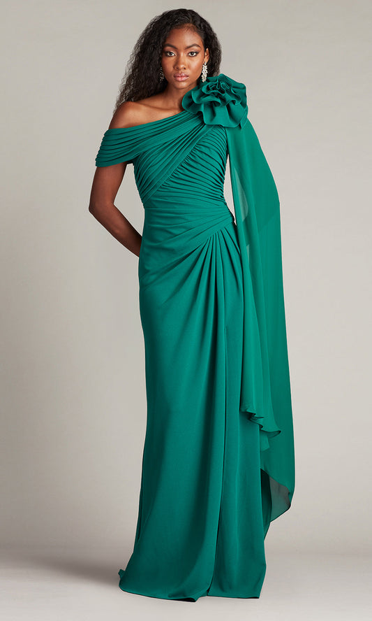 Tadashi Shoji BOS24012L - Kamari Draped Rosette Shoulder Crepe Gown