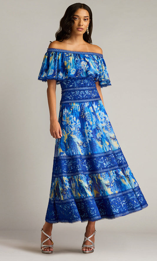 Tadashi Shoji CHP25187MD - Off Shoulder Amary Floral Pleated Chiffon Midi Dress
