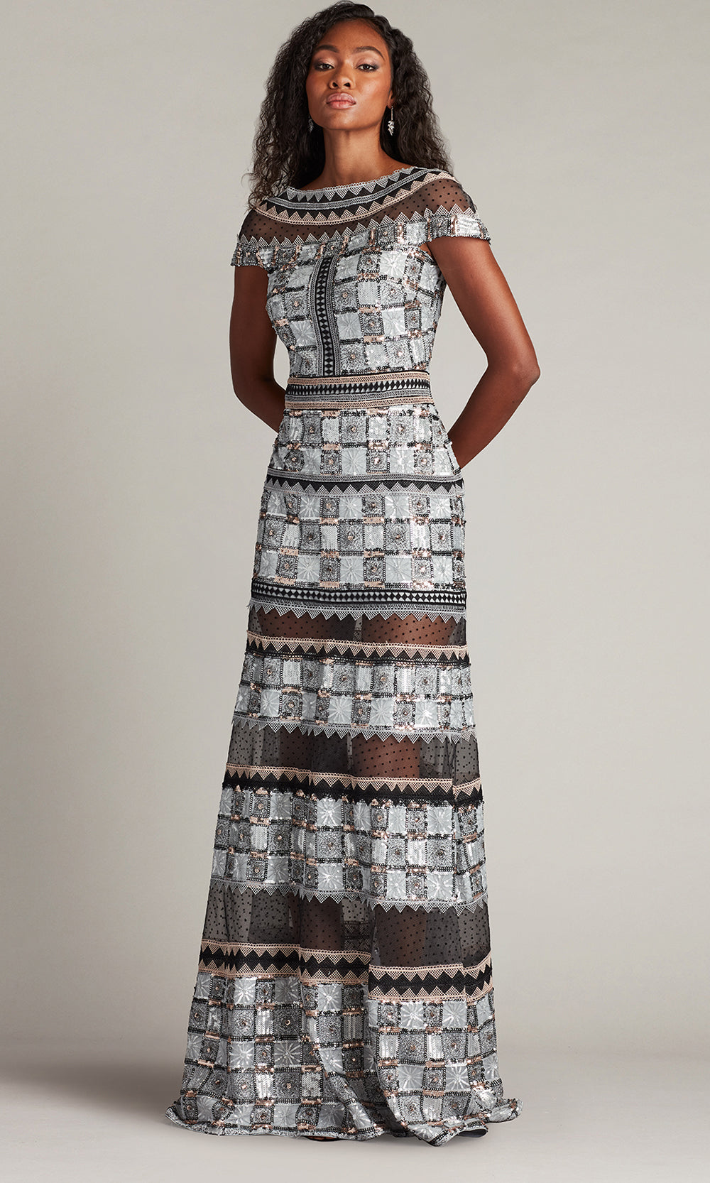 Tadashi Shoji CHH25334L - Bateau Jovie Sequin Embroidered Illusion Gown