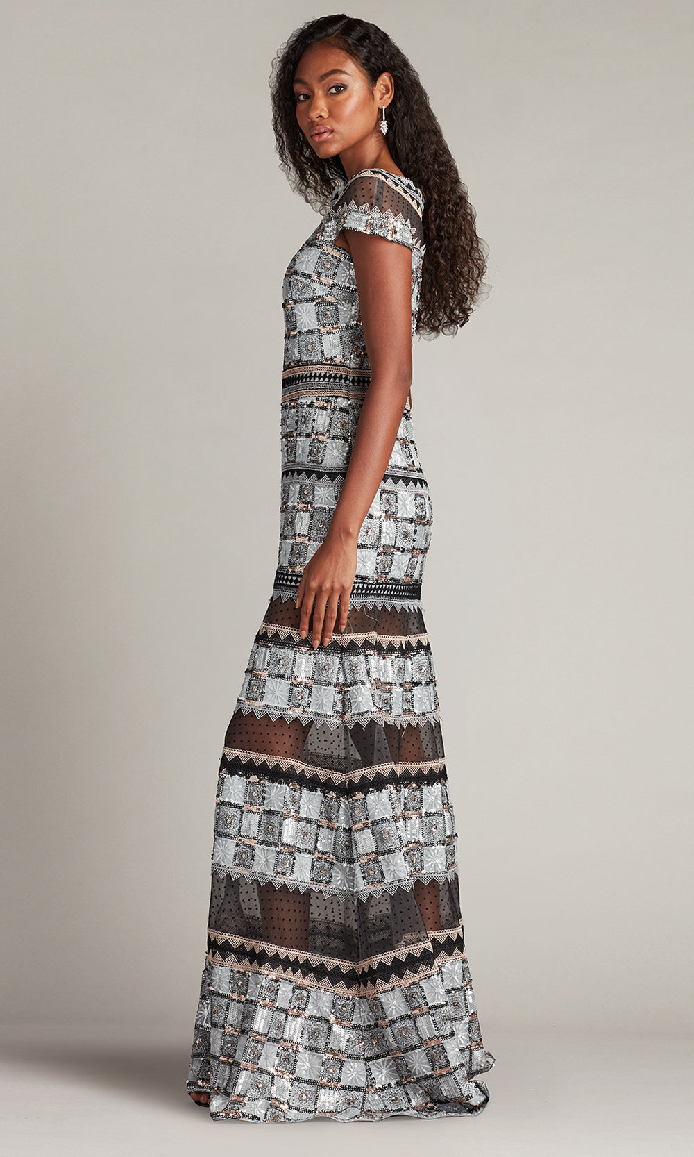 Tadashi Shoji CHH25334L - Bateau Jovie Sequin Embroidered Illusion Gown