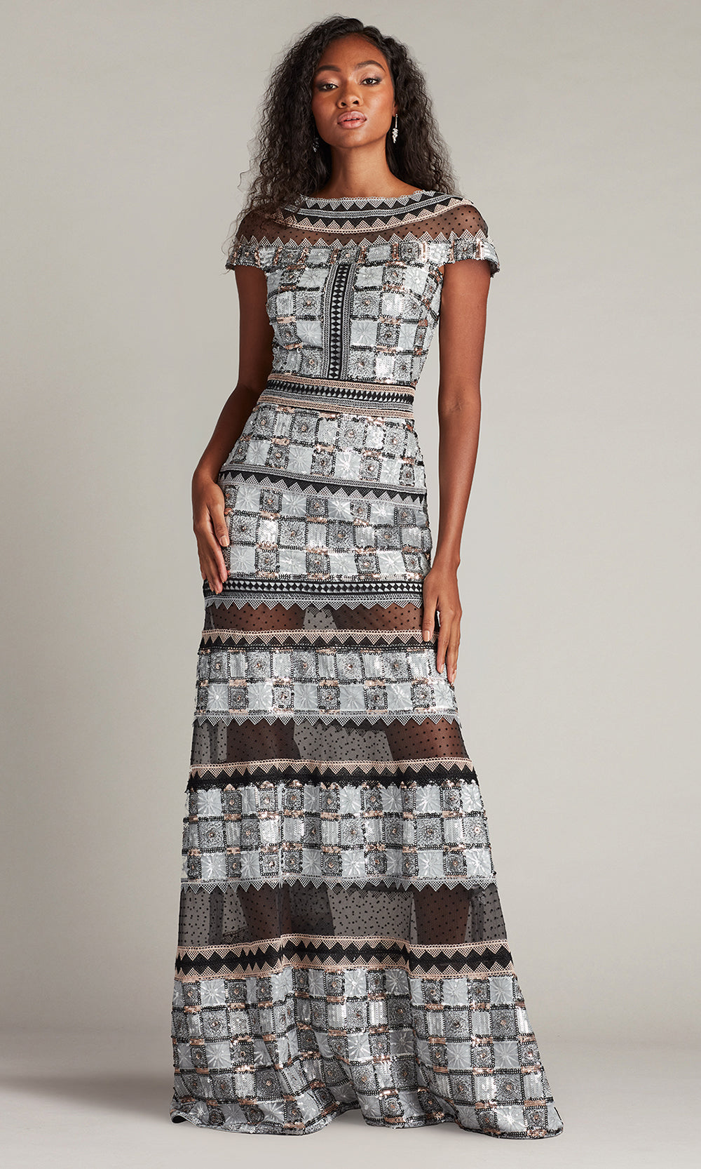 Tadashi Shoji CHH25334L - Bateau Jovie Sequin Embroidered Illusion Gown