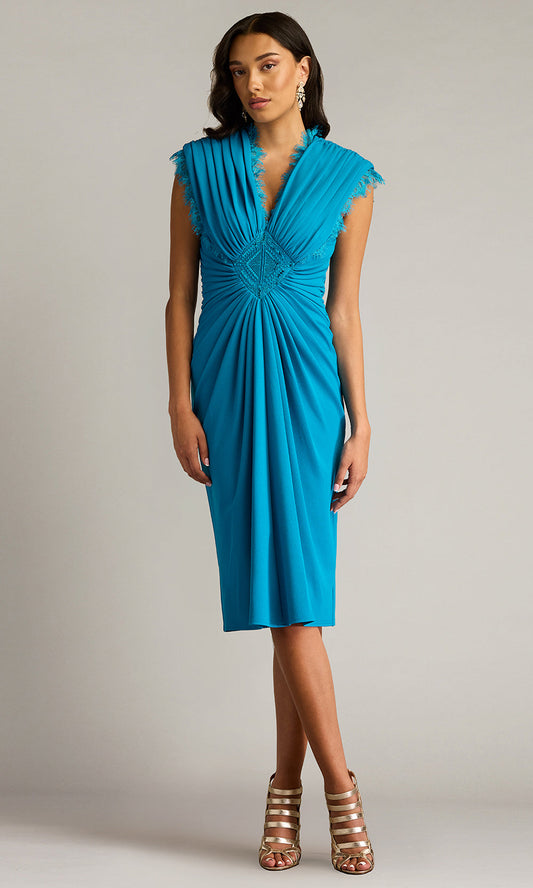 Tadashi Shoji BOS25211MX - V-Neckline Ruched Knee-Length Dress